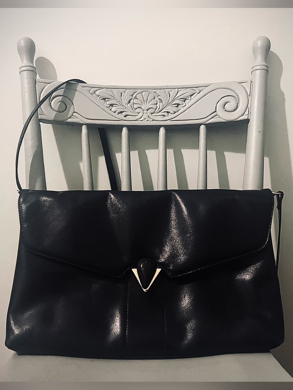 Vintage Italian Leather Bag, Black with Gold Detail